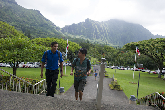 2 Students walking up stairs at the Hawaii Loa Campus at the foot of the Ko'olau Range