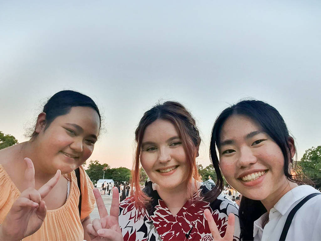 Amelia Nofoagatoto'a (left) with two students she met while studying abroad in Japan