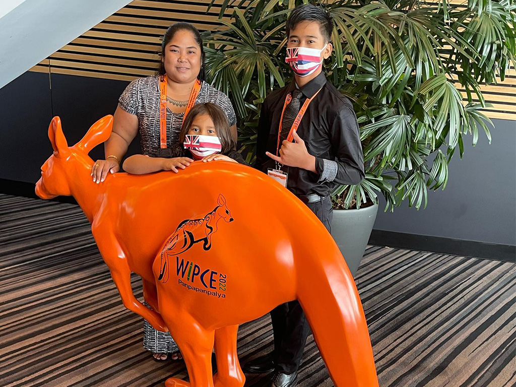 Saydee Pojas and her children at the 2022 World Indigenous Peoples Conference on Education in Adelaide Australia