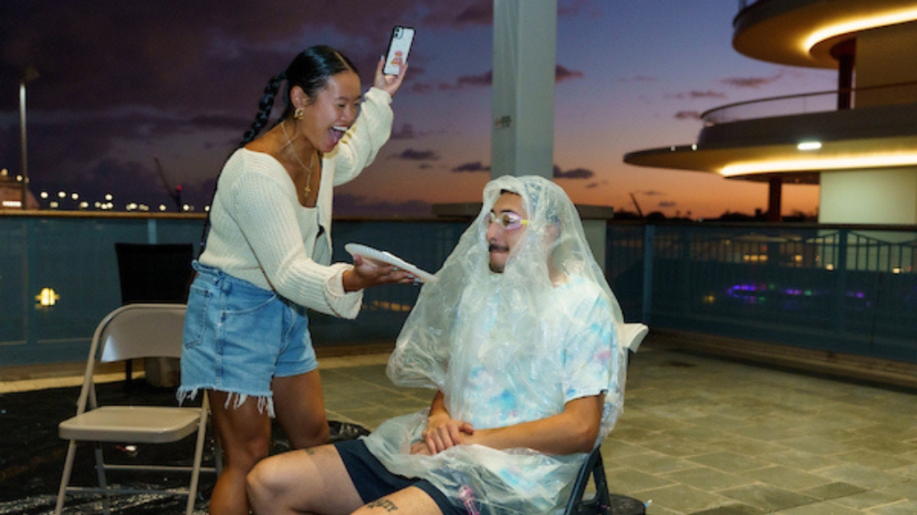 Student Government Association President Justin Alday getting ready to get pied