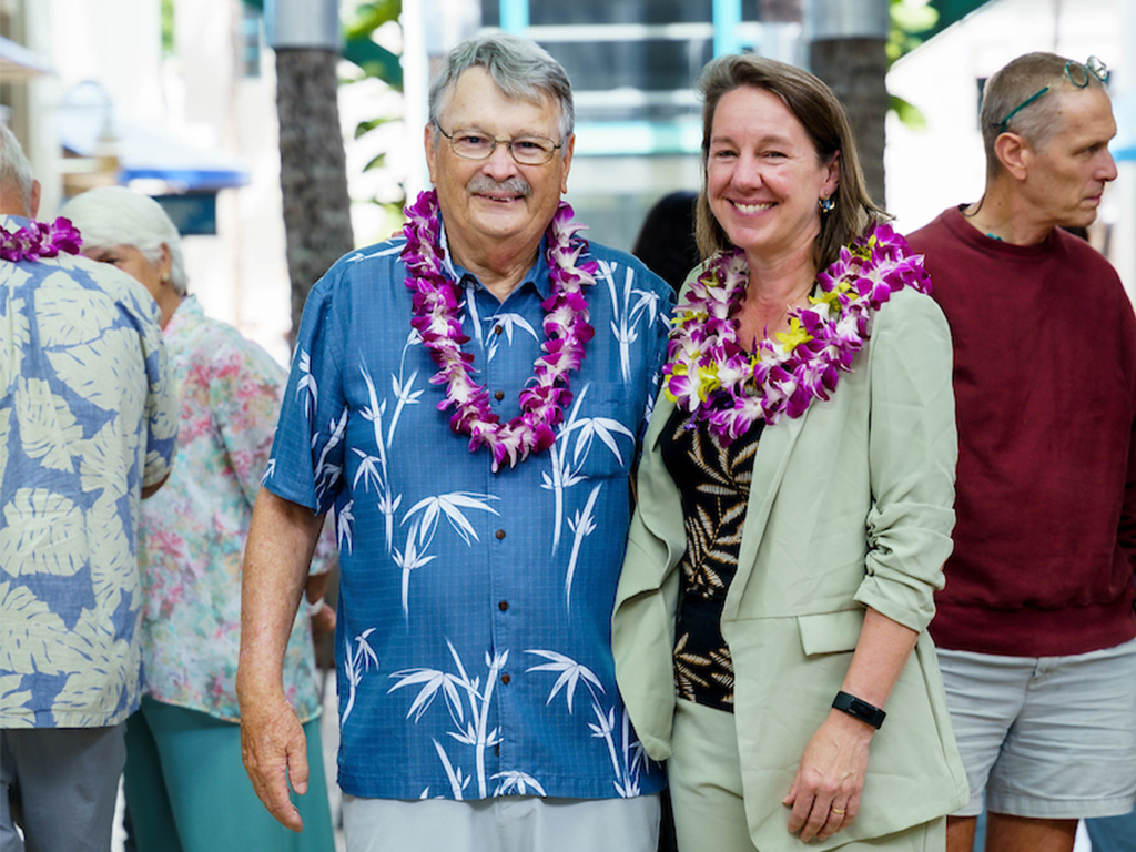 Representatives of the 2024 Sea Turtle Workshop Committee George Balazs, a senior sea turtle scientist and retired NOAA researcher, and HPU Acting Senior Vice President and Provost Brenda Jensen, Ph.D