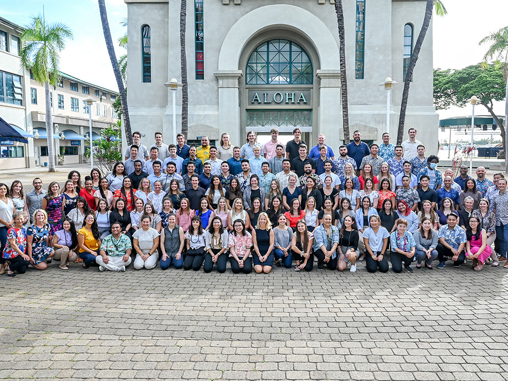 The inaugural cohort of Doctor of Physical Therapy students with HPU faculty and staff at Aloha Tower Marketplace