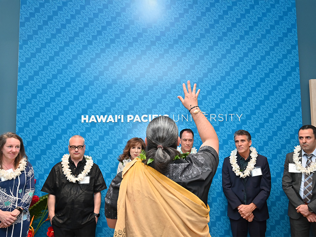 HPU senior leadership and faculty and staff at the Hawaiian blessing ceremony