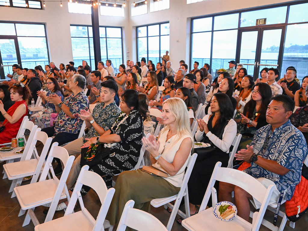 Audience members at the PA welcome reception held in the sunset ballroom at Aloha Tower Marketplace