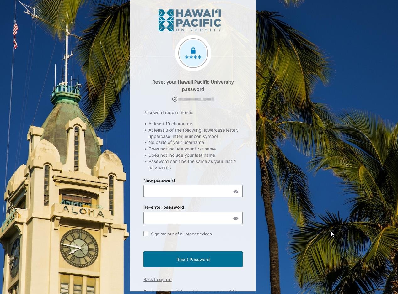 Reset your Hawaii Pacific University password screen showing password requirements, New password and Re-enter password fields, and the Reset Password button.
