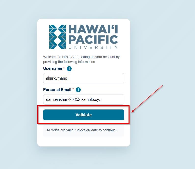 Validate button highlighted with a red box after both fields are filled in.