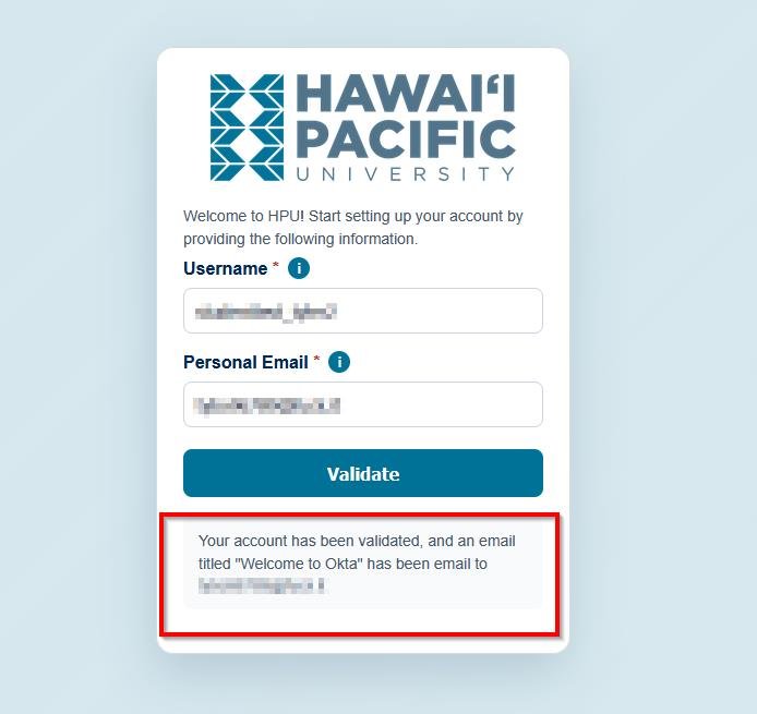 Confirmation message below the Validate button stating the account has been validated and an email has been sent.