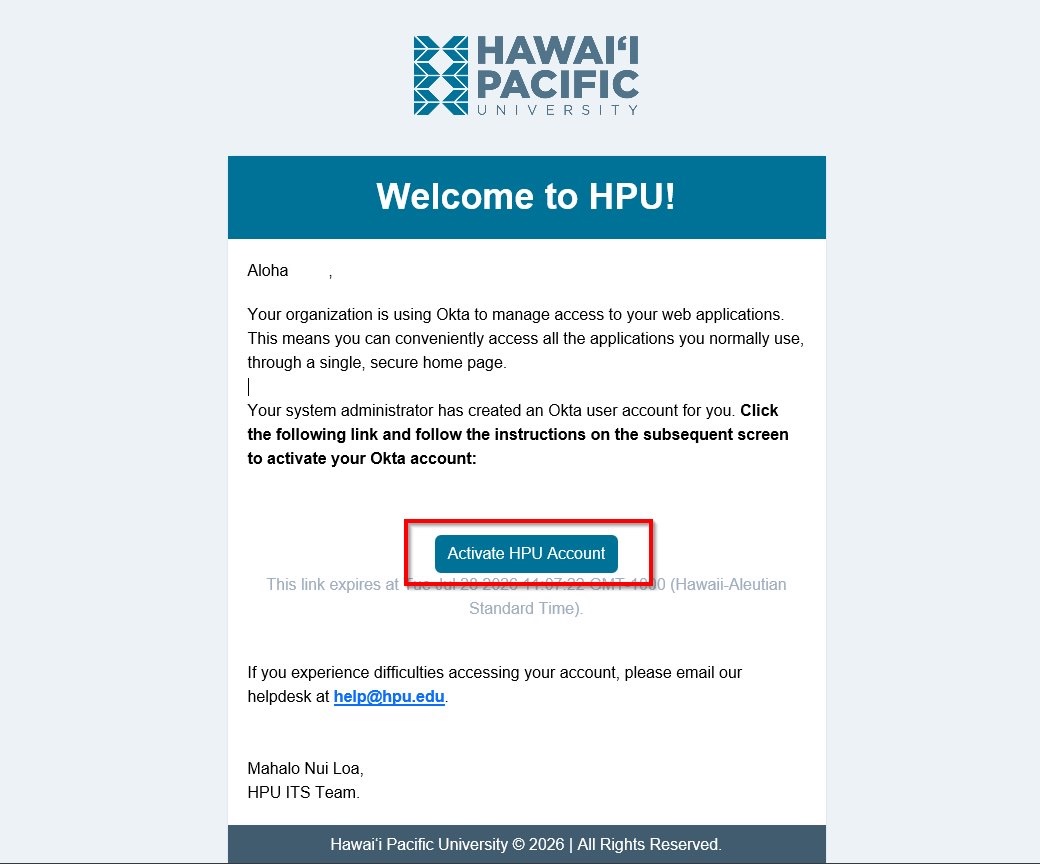 Welcome to HPU email from the HPU ITS Team with the Activate HPU Account button highlighted with a red box.