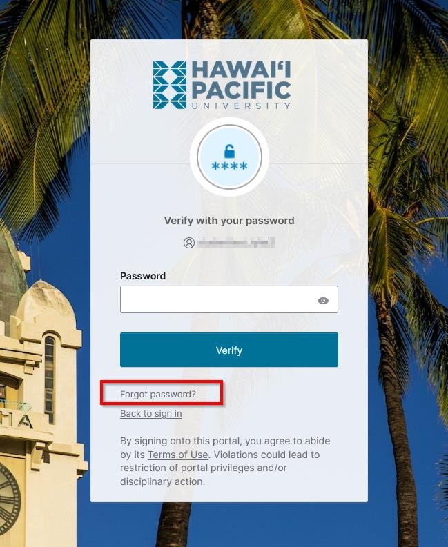 Verify with your password screen with the Forgot password link highlighted with a red box.