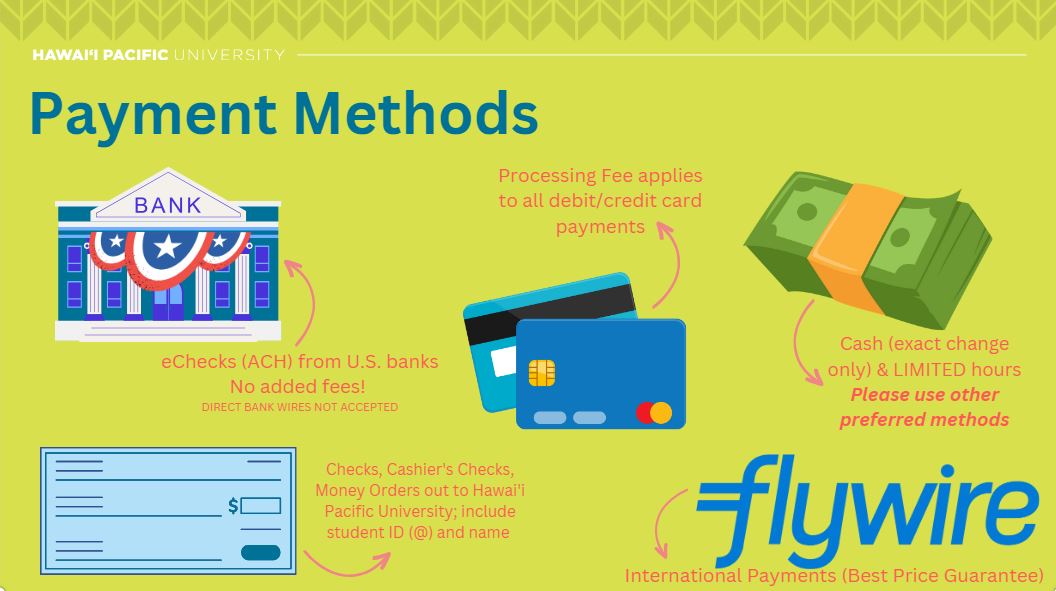 accepted payment methods - check, cashier's check, ach/eft, flywire, and cash